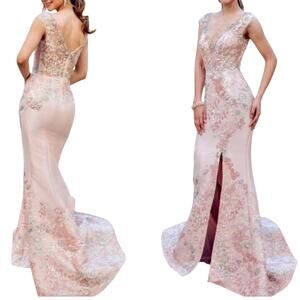 Terani Couture Blush Floral Embroidered Gown V-Neck Sequins Size 10